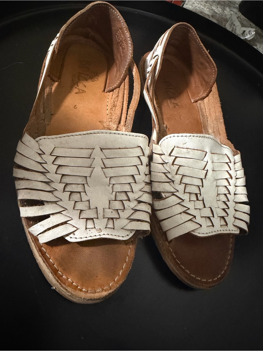 Sbicca White and Brown Woven Leather Slide Sandals